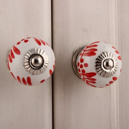 White Red Leaf Painted Knobs